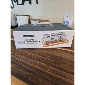 Servappetit Ice Cream Sundae Topper Station 6 Glass Jars and Bamboo Wood Tray